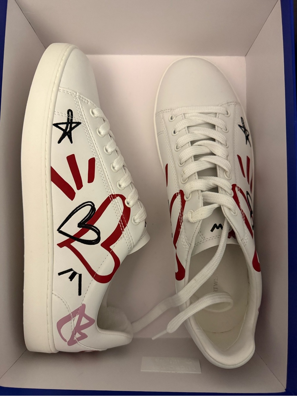Stuart Weitzman White Sneakers with Red and Black Heart Graphics